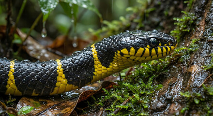 Obraz premium Black and yellow striped snake in a wet rainforest environment with water droplets on scales