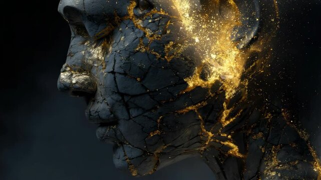 Cracked stone sculpture of a human face with glowing golden veins and particles, surreal style, on a dark background, concept of inner strength