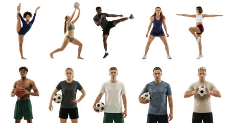 Diverse athletes showcasing various sports and fitness activities captured against a clear plain