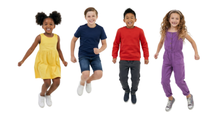 diverse group of joyful children leaping with pure delight against a void