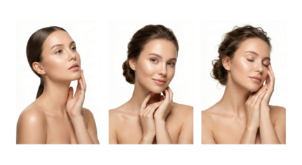 Elegant women showcasing flawless complexions with gentle facial touches isolated on a pure white