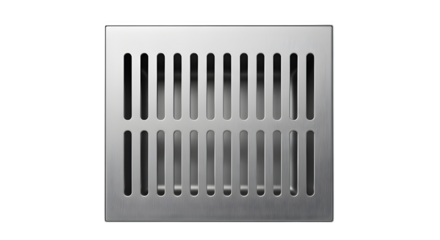 Square stainless steel floor drain cover with vertical slats, isolated on transparent background