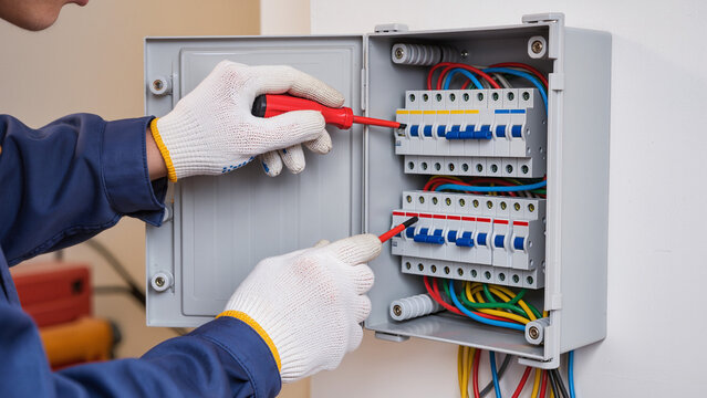 electrician at work, Repairing the system, Following safety rules, Typical industrial work, Performing routine maintenance, Electrician works panel, Wearing safety gloves