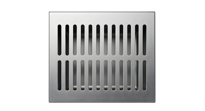 Square stainless steel floor drain cover with vertical slats, isolated on transparent background