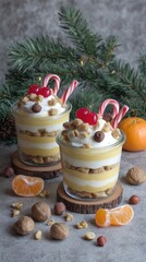 a festive, christmas-themed mini layered dessert in glass containers with cherry and chocolate pieces 