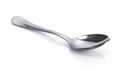 Stainless steel spoon with sleek curved handle on white background in soft lighting and reflective detail