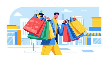 Happy young man carries a lot of colorful shopping bags on a city street.