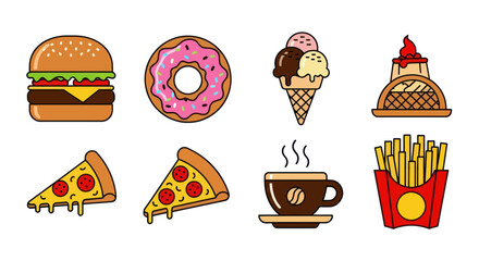 Illustration of various types of unhealthy fast and sweet food.
