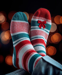 Cozy festive socks with red, green, and white stripes and a small bow, worn in a warm holiday setting with soft bokeh lights, creating a cheerful Christmas mood and winter comfort concept.