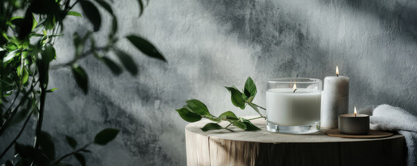 White candles on wooden table surrounded by green leaves with soft light from window