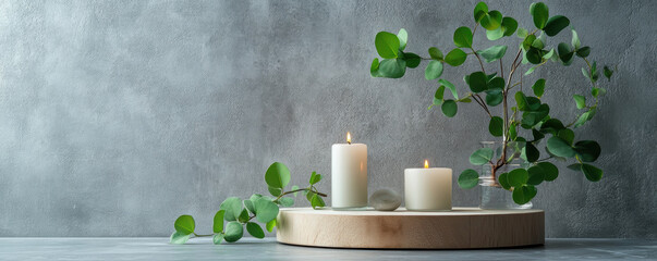 Arrangement of candles and greenery on a wooden platform in a minimalistic setting
