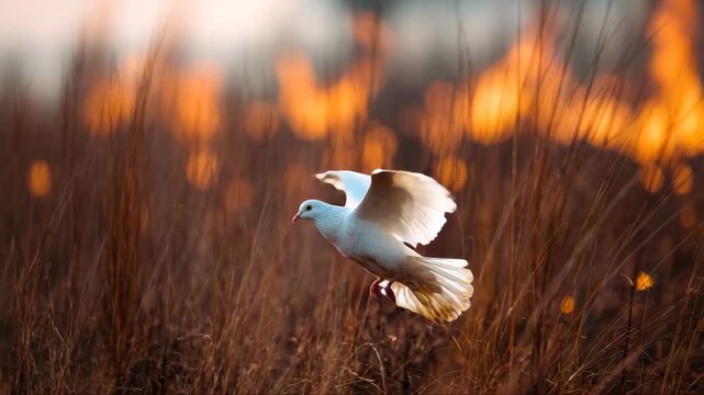 White dove gracefully flies through tall grass as flames flicker in the background, capturing the essence of freedom amidst chaos, camera follows the bird's flight