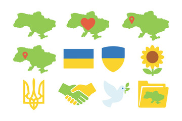 Ukraine symbols set: maps, flag, handshake, dove, and sunflower icons
