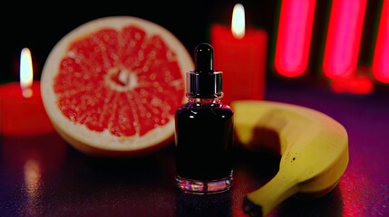 a dark glass bottle of black honey sits next to an open grapefruit and banana
