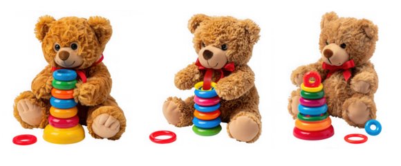 Three charming brown teddy bears with colorful stacking rings playfully arranged on transparent background