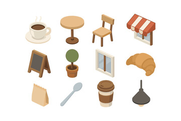 Cozy cafe elements in isometric style: coffee, pastry, furniture, accessories