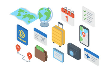 Isometric travel icons set featuring suitcase, passport, globe, and smartphone maps