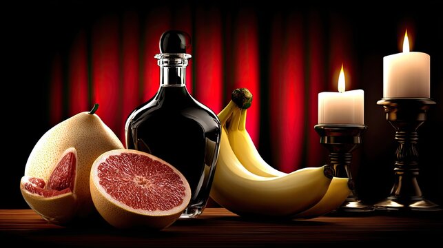 a dark glass bottle of black honey sits next to an open grapefruit and banana