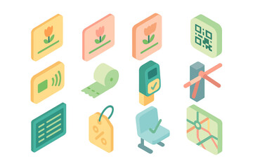 Colorful isometric icons of travel and shopping elements with flat design