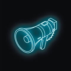 Glowing neon megaphone on dark background representing communication, announcement, and marketing