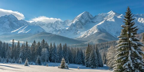Snowy mountain landscape with pine forest under clear blue sky in winter.