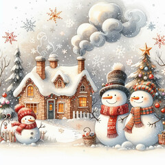 Cozy Christmas Village Illustration &ndash; Snowy Cottage with Happy Snowmen & Christmas Tree for Greeting Cards, Social Media & Holiday Branding