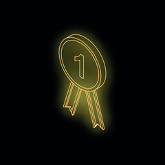 Golden neon medal with number one shining on dark background, symbolizing victory and achievement