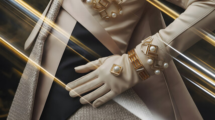 Luxurious close-up of a woman's hand adorned with elegant pearl and gold accented gloves, complemented by a chic pearl and geometric gold necklace, set against a stylish fashion backdrop