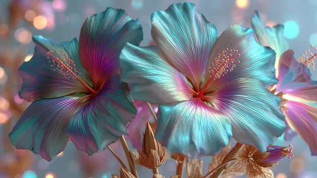 Iridescent fantasy hibiscus flowers transforming on a soft bokeh background, ethereal bloom and sparkle animation.