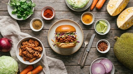 Gourmet sandwich preparation on rustic wooden table