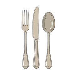 Set of elegant silverware including a fork, knife, and spoon on a white background.
