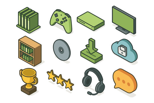 Set of digital and gaming icons in isometric style featuring headphones, game controller, and more