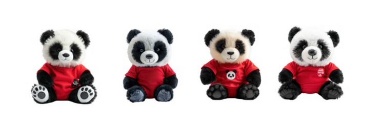 Four adorable panda plush toys wearing vibrant red outfits are neatly arranged side by side on transparent background