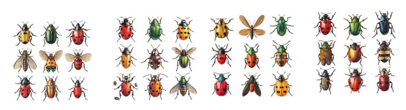 a vibrant collection of illustrated beetles and insects in various colors and forms ideal for design projects on transparent background