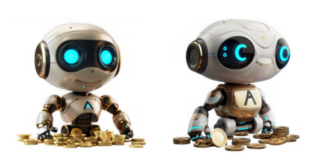 two adorable robotic characters with glowing blue eyes are sitting amongst golden coins on transparent background