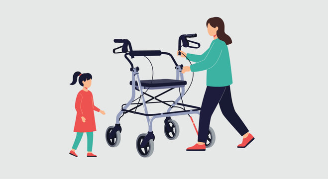 A flat style illustration of a woman caregiver or mother helping a little girl learn to use a four-wheeled medical walker.