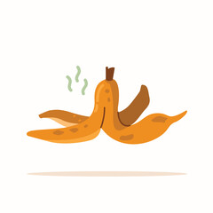 Illustration of banana peel trash in flat style, disease-carrying food isolated. A piece of moldy banana. Food waste, fruit breakfast