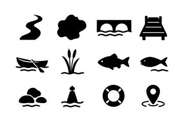 Fototapeta premium River and lake icons: nature silhouettes featuring boat, bridge, and wildlife elements