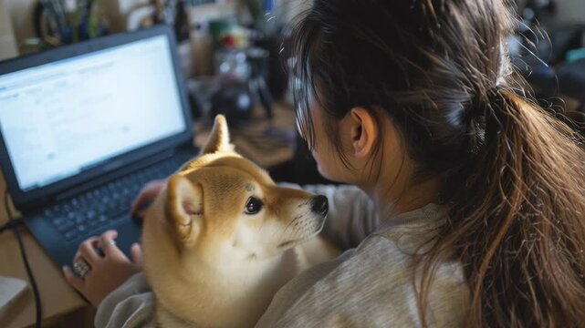 A woman interacts lovingly with her dog while using a laptop computer, showing pet companionship during remote work routine, close up footage.