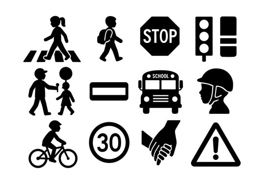Traffic safety icons: kids, pedestrian, and bicycle signals for school zones