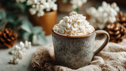 Hot Chocolate with Whipped Cream on Cozy Background