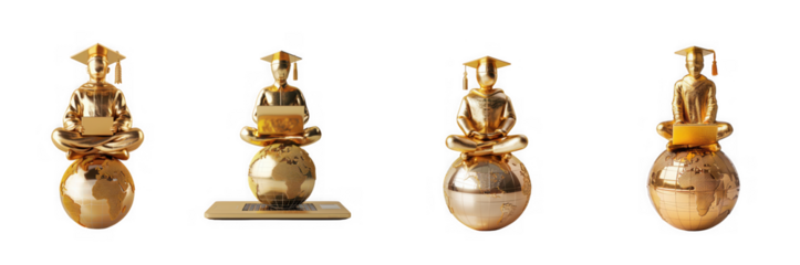 Four golden statuettes of a person meditating with a globe presented in various poses on transparent background