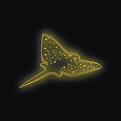 Stylized neon yellow spotted eagle ray swimming underwater on black background