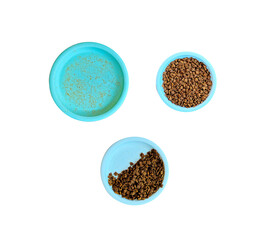 
Cat food bowls isolated on a white background.
Dirty cat food bowl