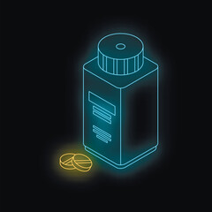 Neon blue medicine bottle and yellow pills glowing on dark background, representing healthcare, pharmacy, and medical treatment
