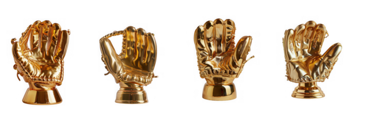 A collection of four golden hands each uniquely sculpted and posed offering a luxurious aesthetic on transparent background