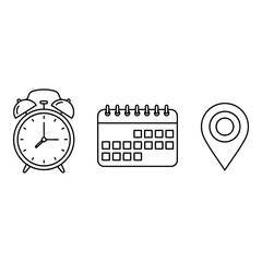 Alarm clock calendar and map pin icon set