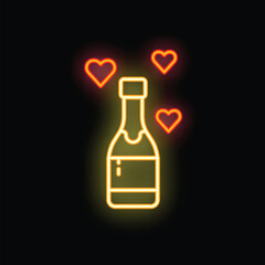 Neon champagne bottle with hearts celebrating love, romance, wedding, or anniversary