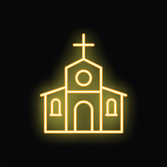 Bright yellow neon sign of a church is glowing on a black background
