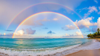 Rainbow arc over tropical ocean horizon, bright cheerful palette.